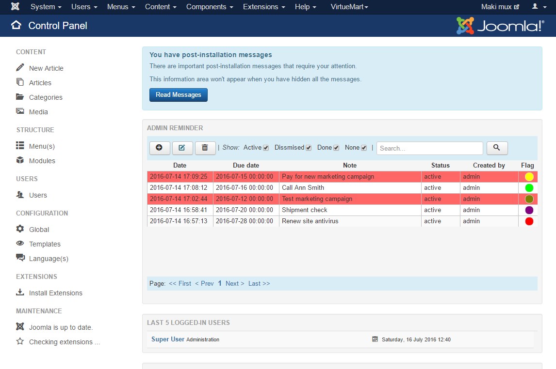 Admin Reminder for Joomla Administrator