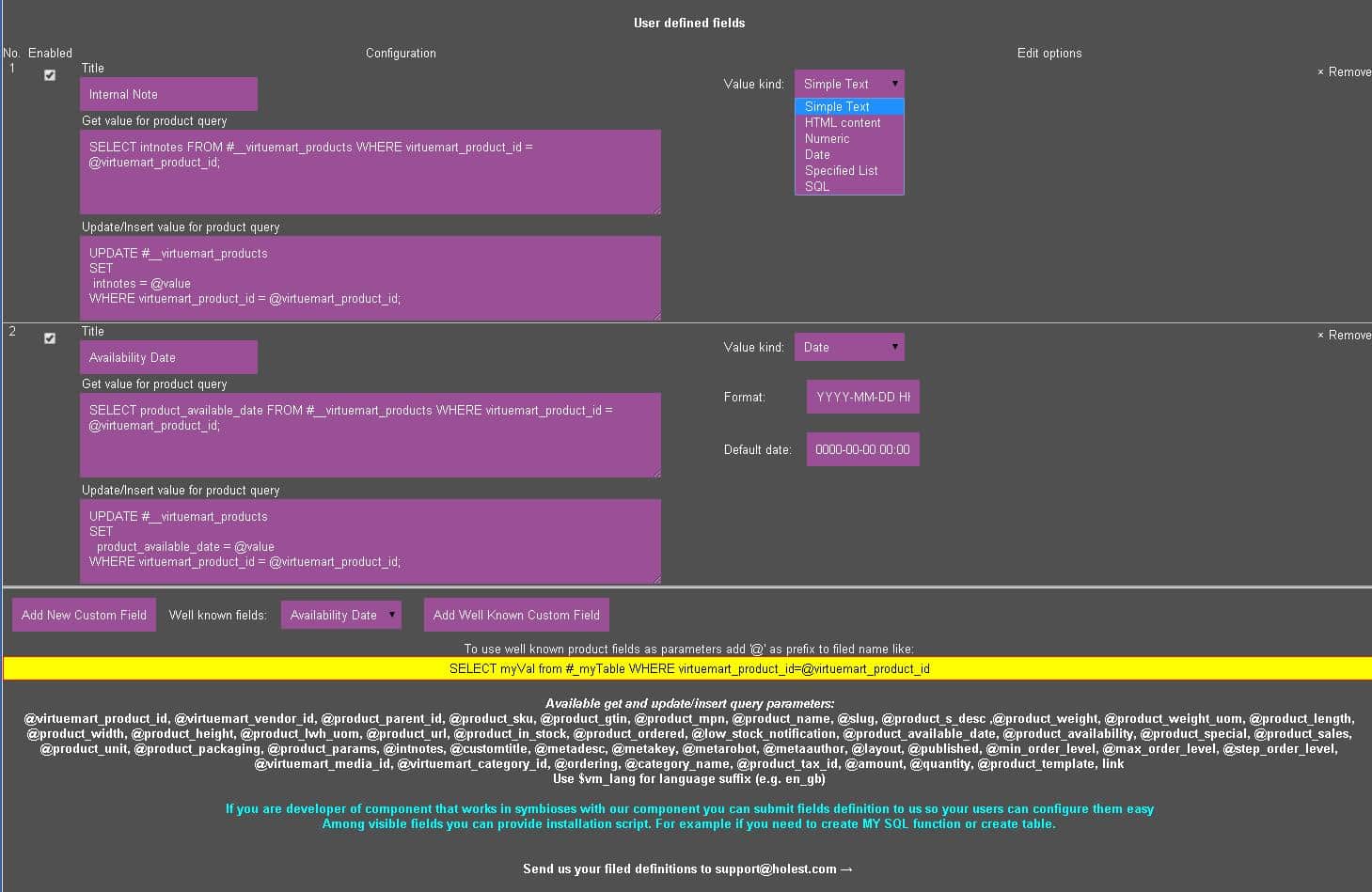 Virtuemart excel-like product manager UDF plugin