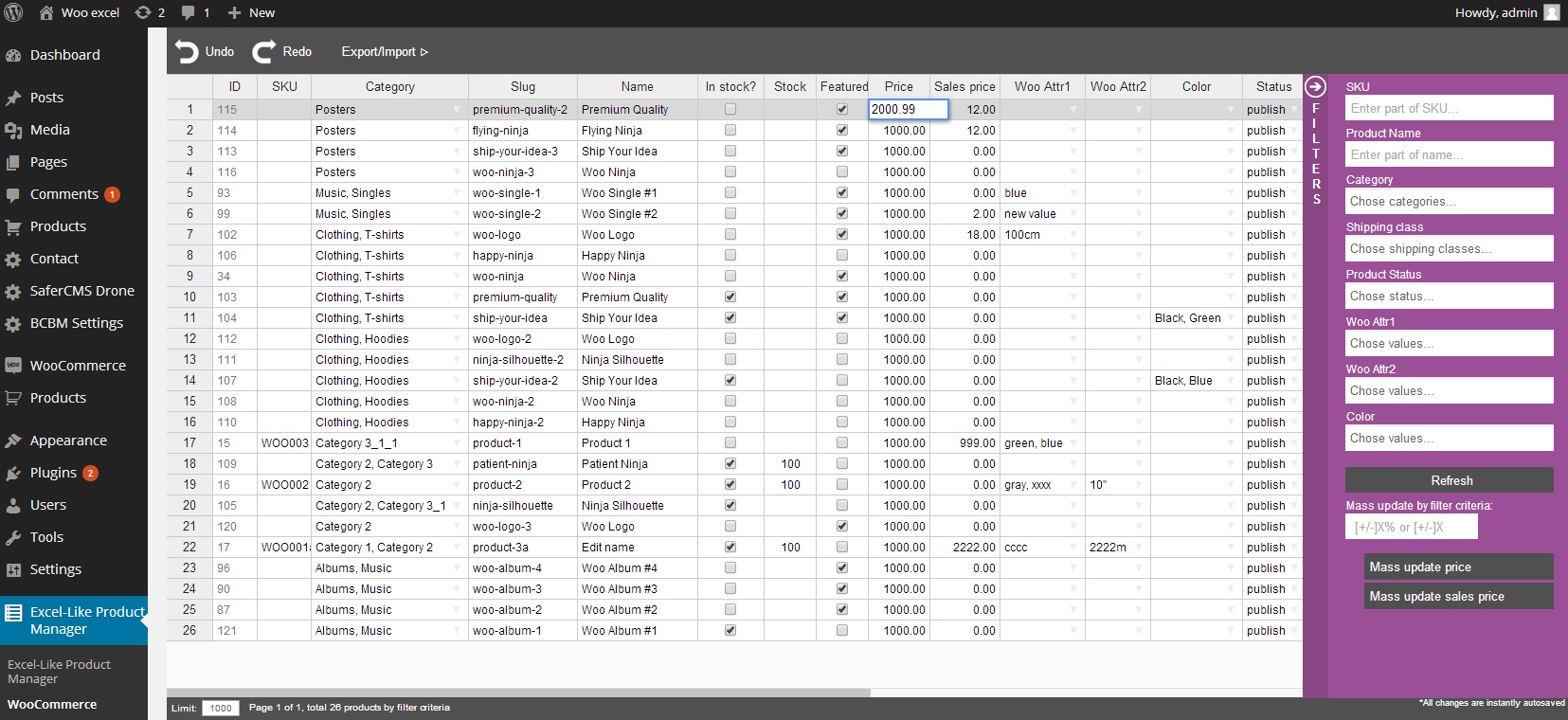 Woo commerce excel like product manager